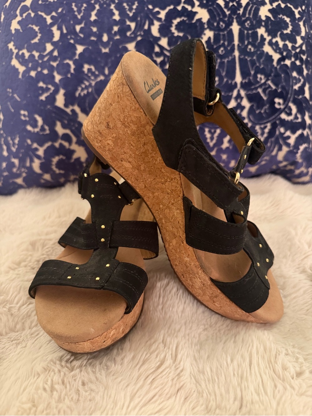 Clarks New Black Cork Wedge Sandals